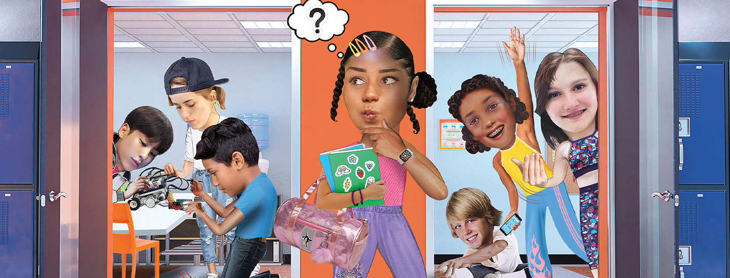 Illustration of  a girl deciding between two rooms with other students doing different hobbies