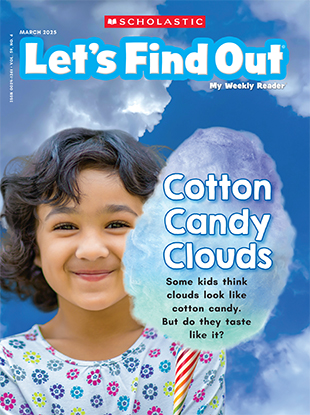 Cover of Let's Find Out, a girl holds cotton candy beside a large fluffy cloud in the sky