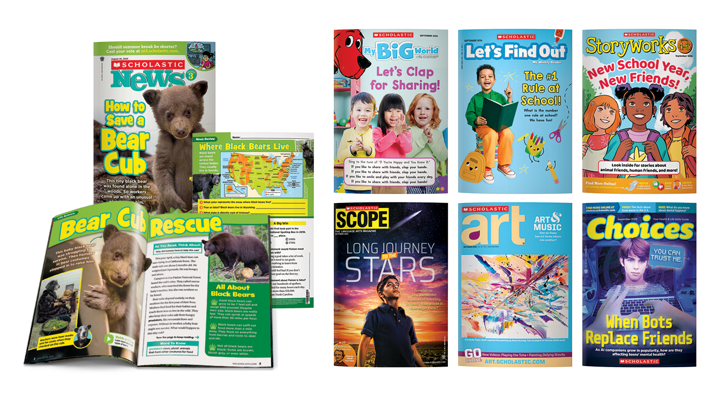 Collage of Scholastic educational magazine covers for students across different grade levels