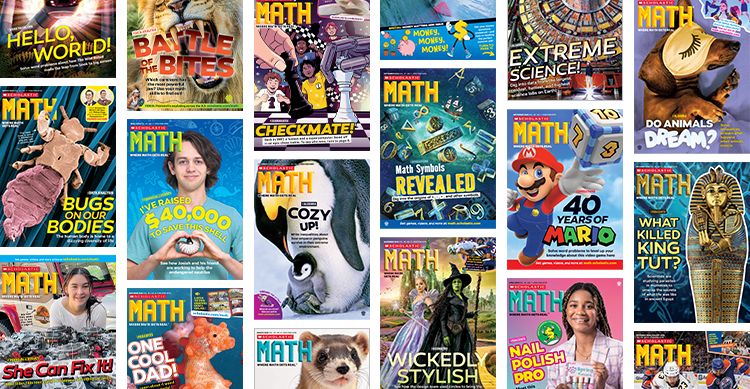 Collage of Scholastic Math magazine covers with varied topics and featured stories