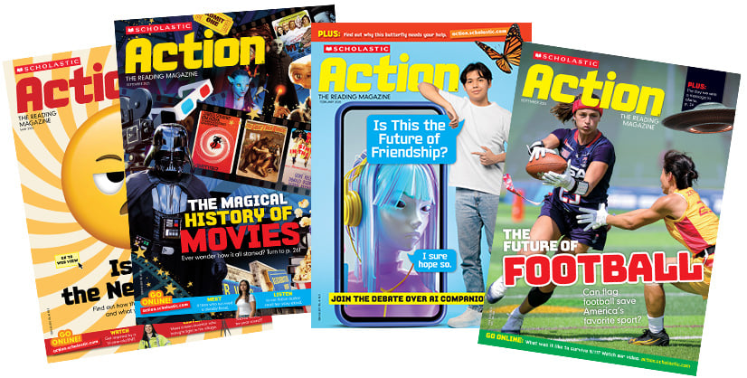 Four covers of Scholastic Action magazine spread out, each with a different feature story