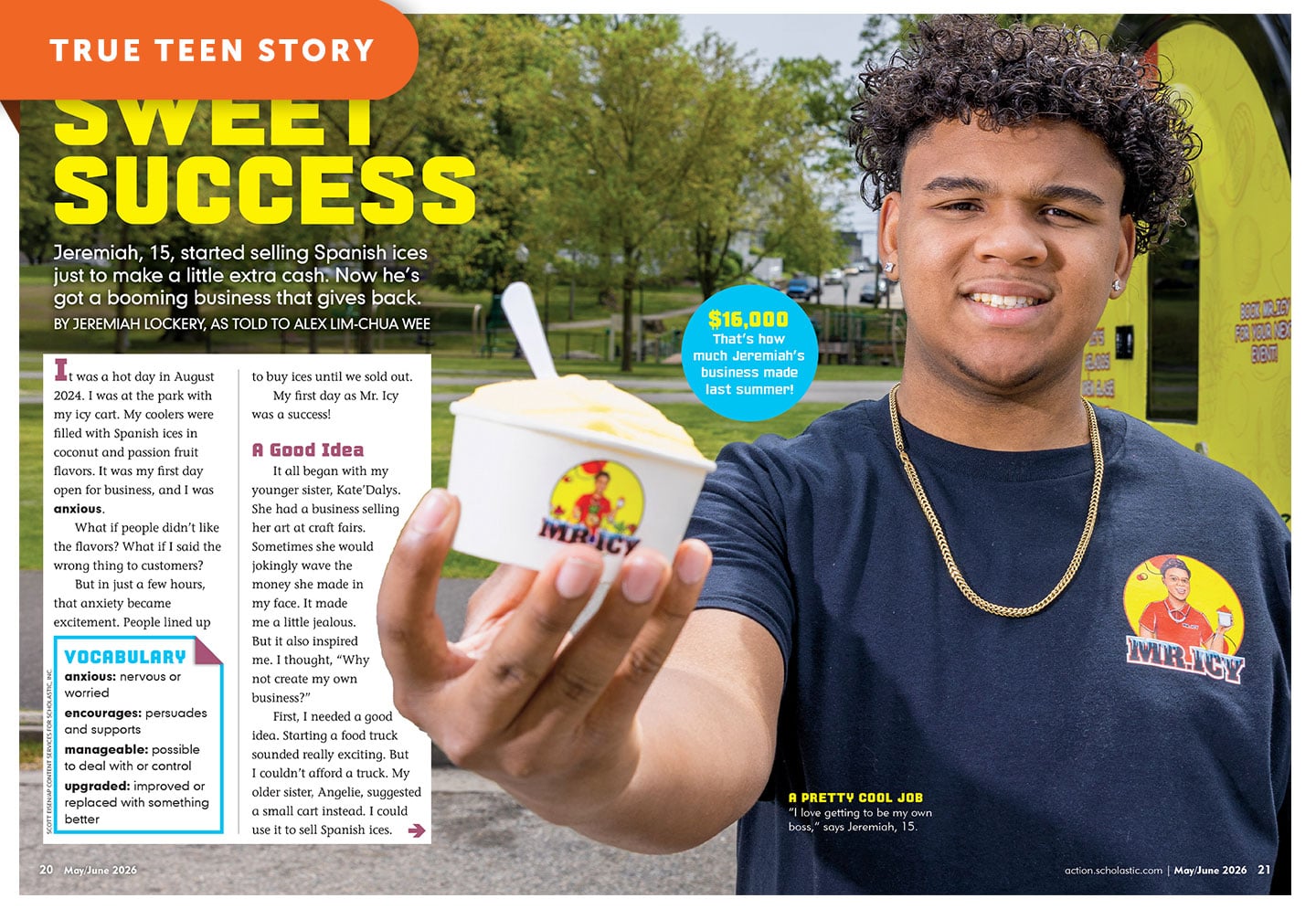 Jeremiah holds out a cup of Spanish ice branded with the Mr. Icy logo