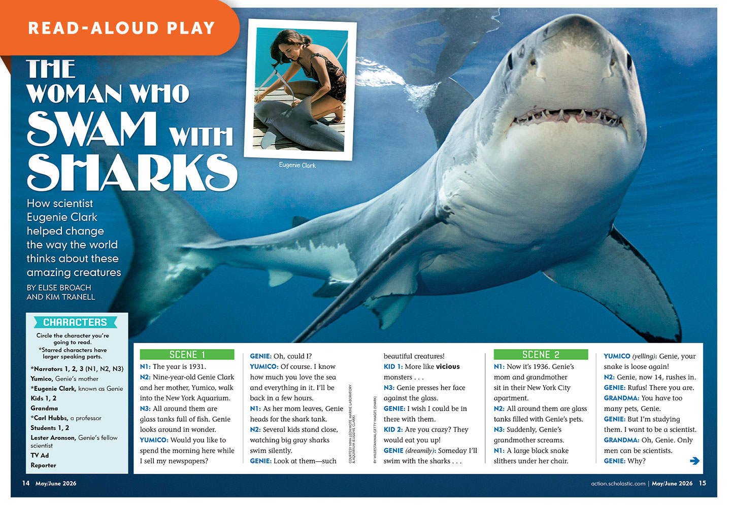 A large shark swims toward the viewer alongside a photo of Eugenie Clark on a boat