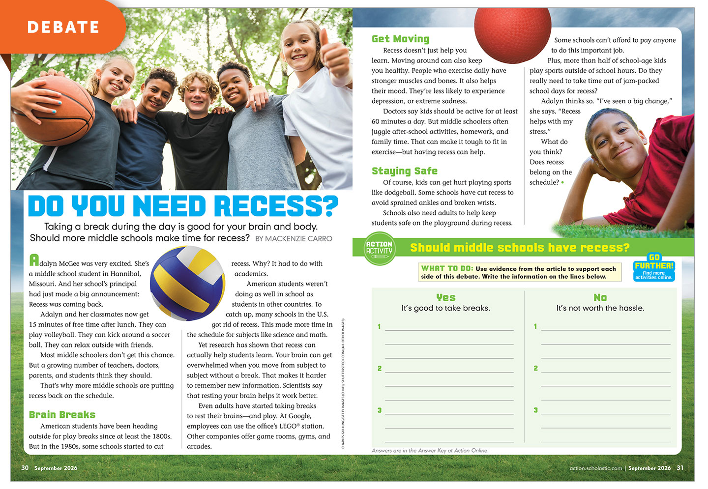 A group of children pose together outdoors, one holds a basketball, above the headline Do You Need Recess