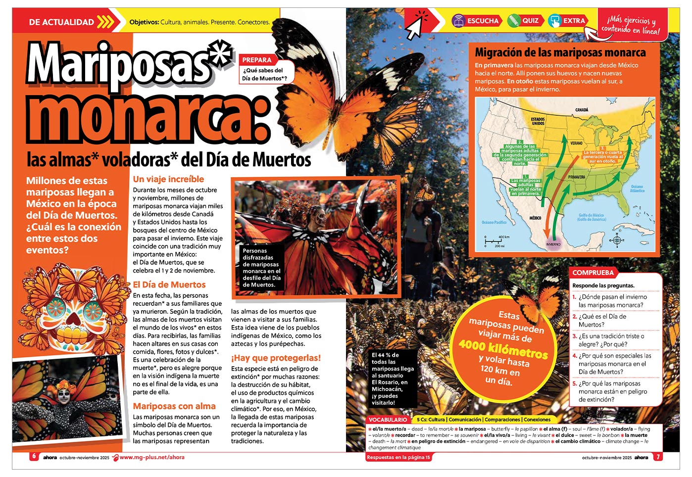 A Spanish-language magazine spread about monarch butterflies and Dia de Muertos, with photos and a migration map