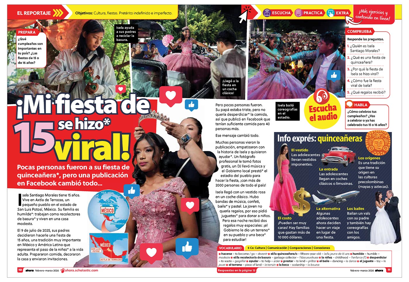 A magazine spread about Isela Santiago Morales and her viral quinceañera celebration in Mexico
