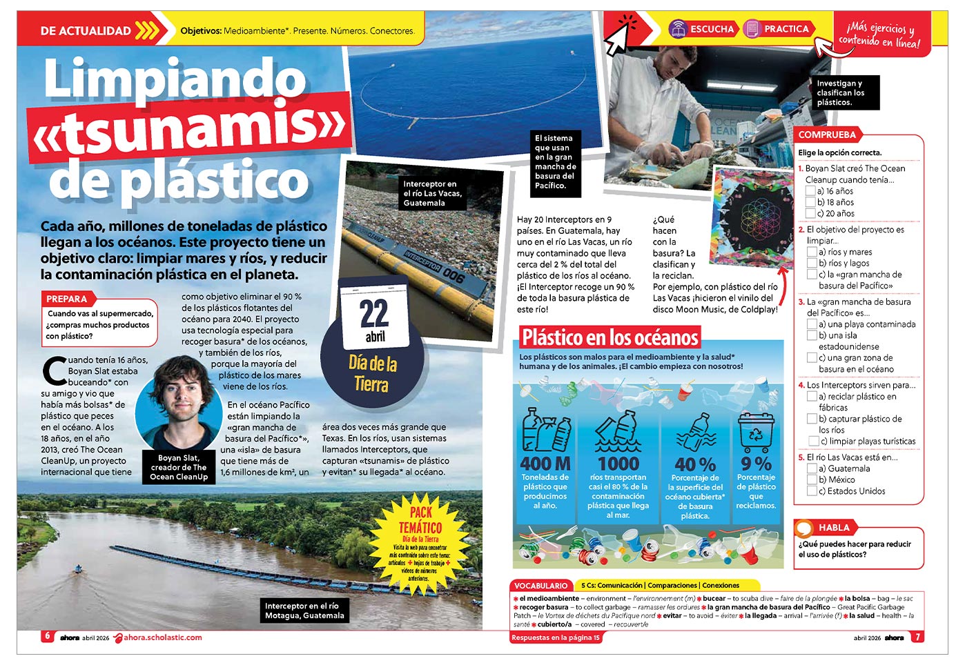 A magazine spread about ocean plastic cleanup, featuring Boyan Slat and river Interceptor systems in Guatemala