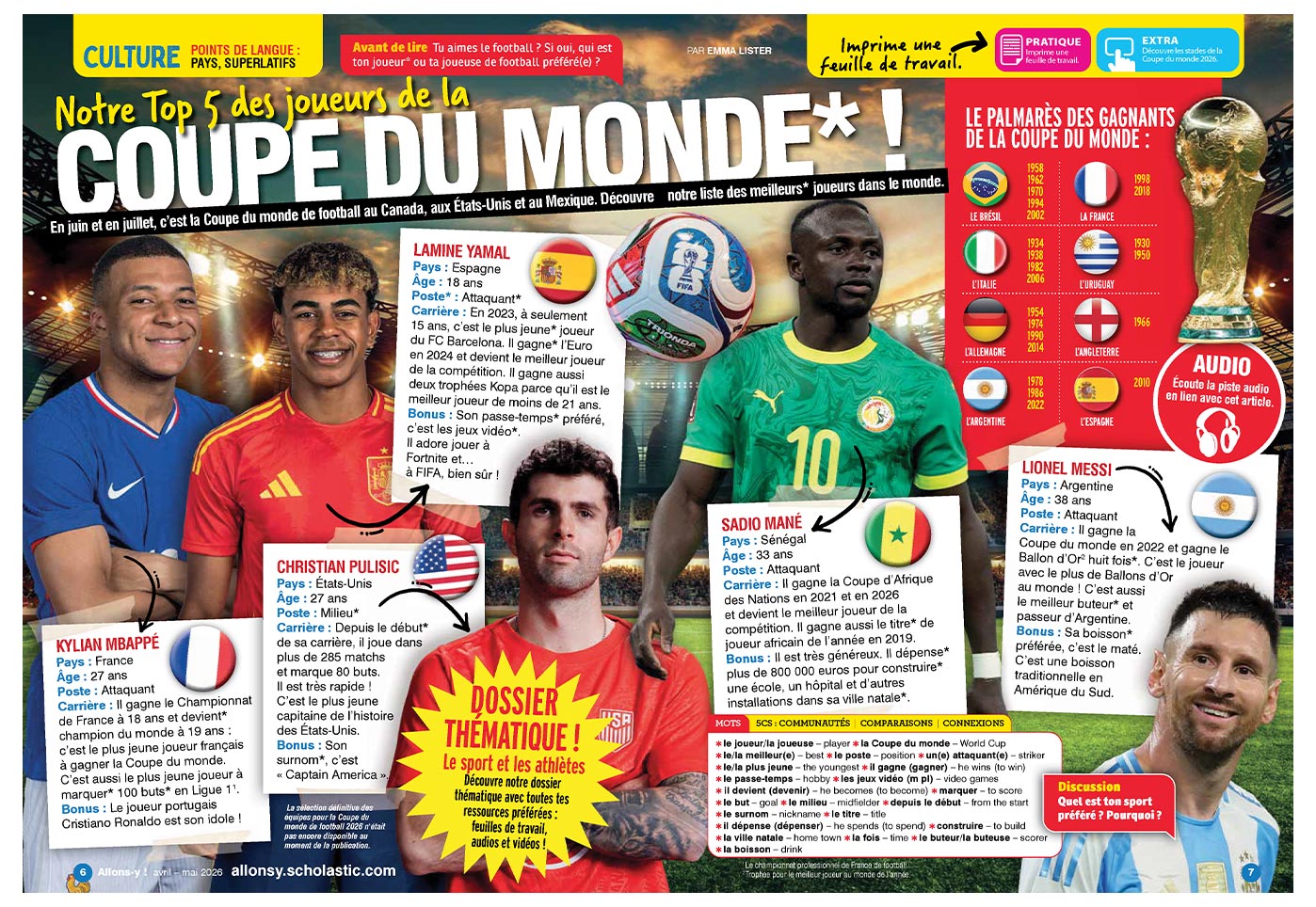 A magazine spread features profiles of five World Cup soccer players including Kylian Mbappé and Lionel Messi