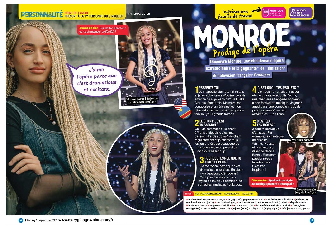 A French magazine spread features opera singer Monroe and her idol Whitney Houston