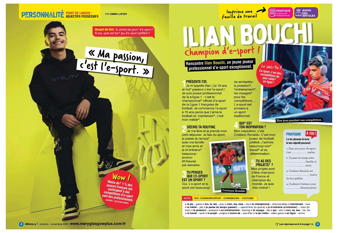 A magazine spread about Ilian Bouchi, a professional e-sport champion, with a photo of Cristiano Ronaldo