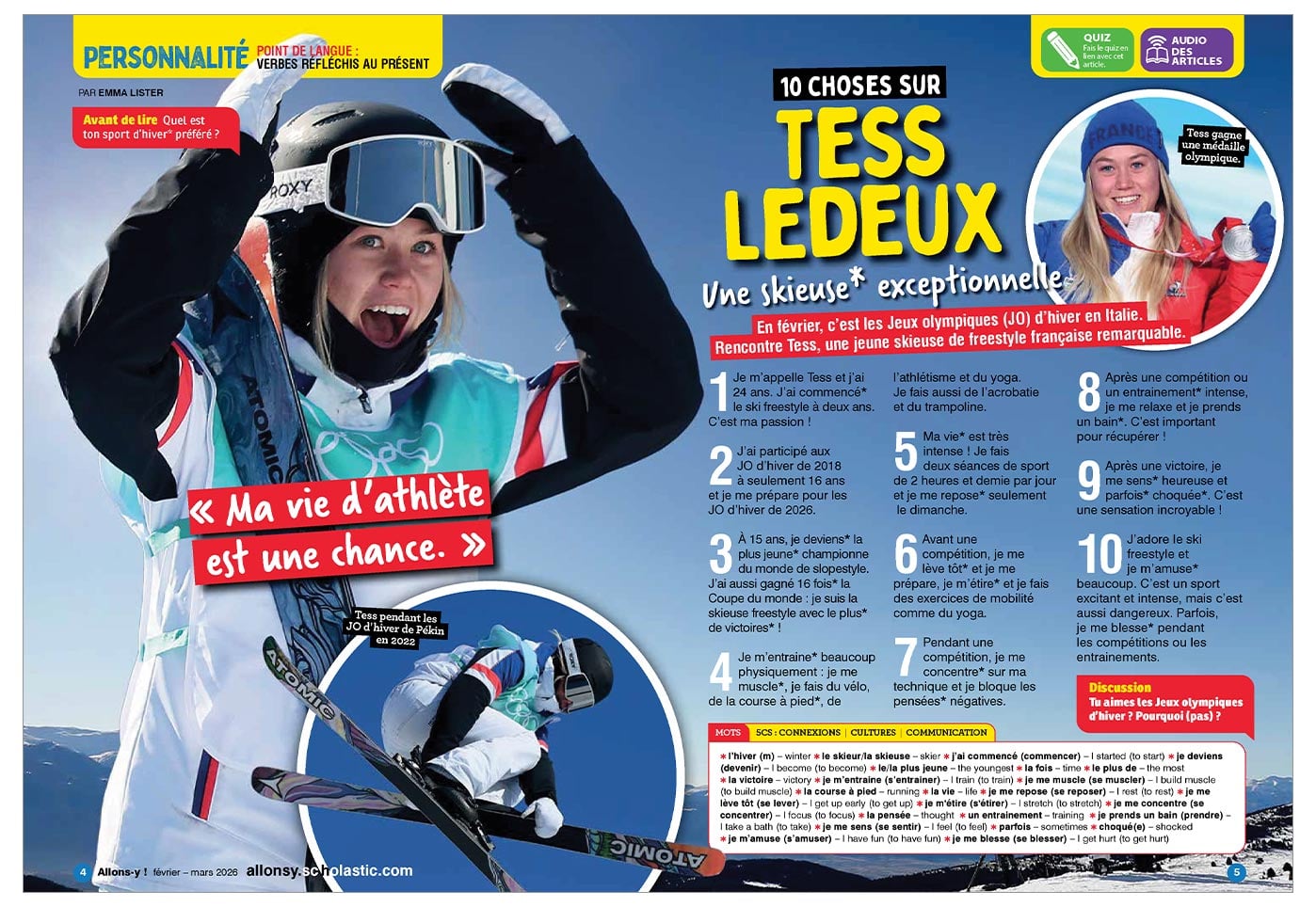 A magazine spread about freestyle skier Tess Ledeux with photos of her on the slopes