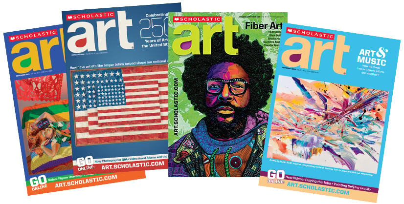 Four issues of Scholastic Art magazine spread out, each with a different cover artwork