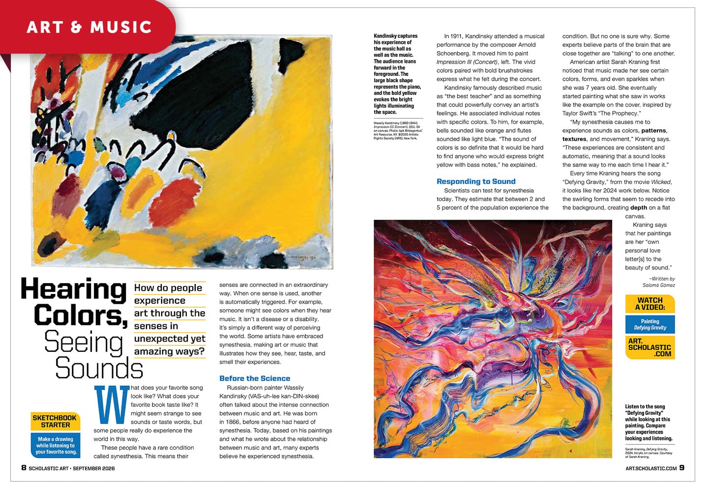 A magazine spread titled Hearing Colors, Seeing Sounds about synesthesia in art and music