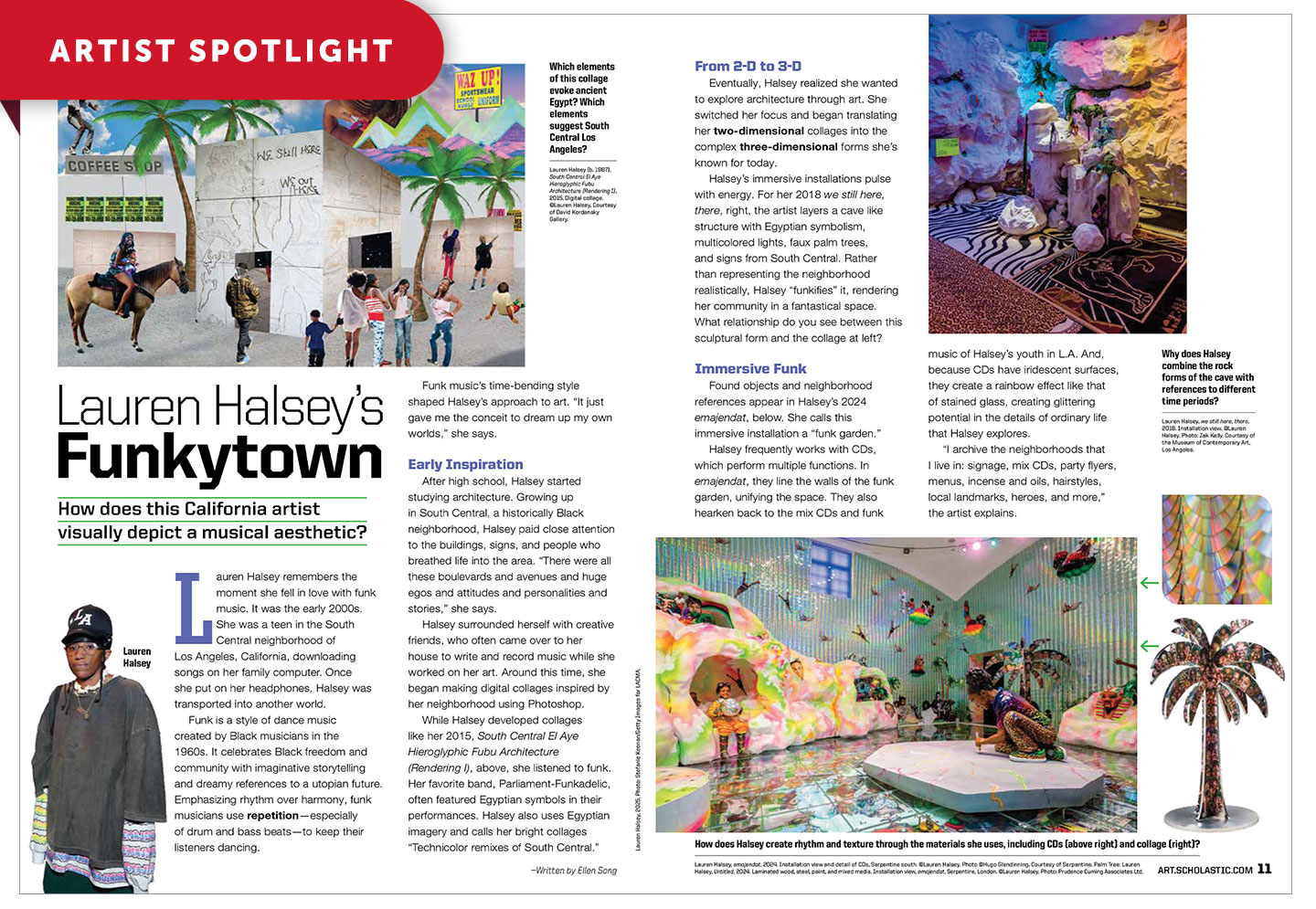 Artist Spotlight article about Lauren Halsey and her colorful, funk-inspired installations