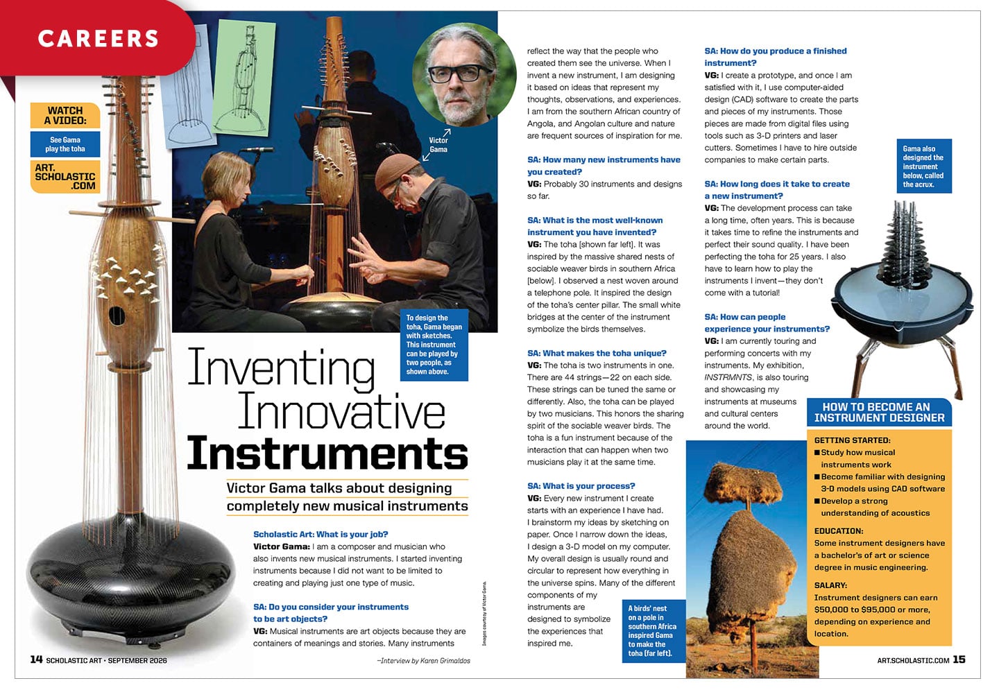 A magazine spread about inventor Victor Gama and his handcrafted musical instruments
