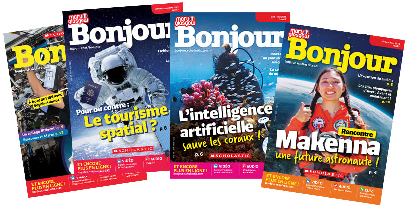 Four issues of Bonjour magazine by Mary Glasgow Scholastic spread in a fan arrangement