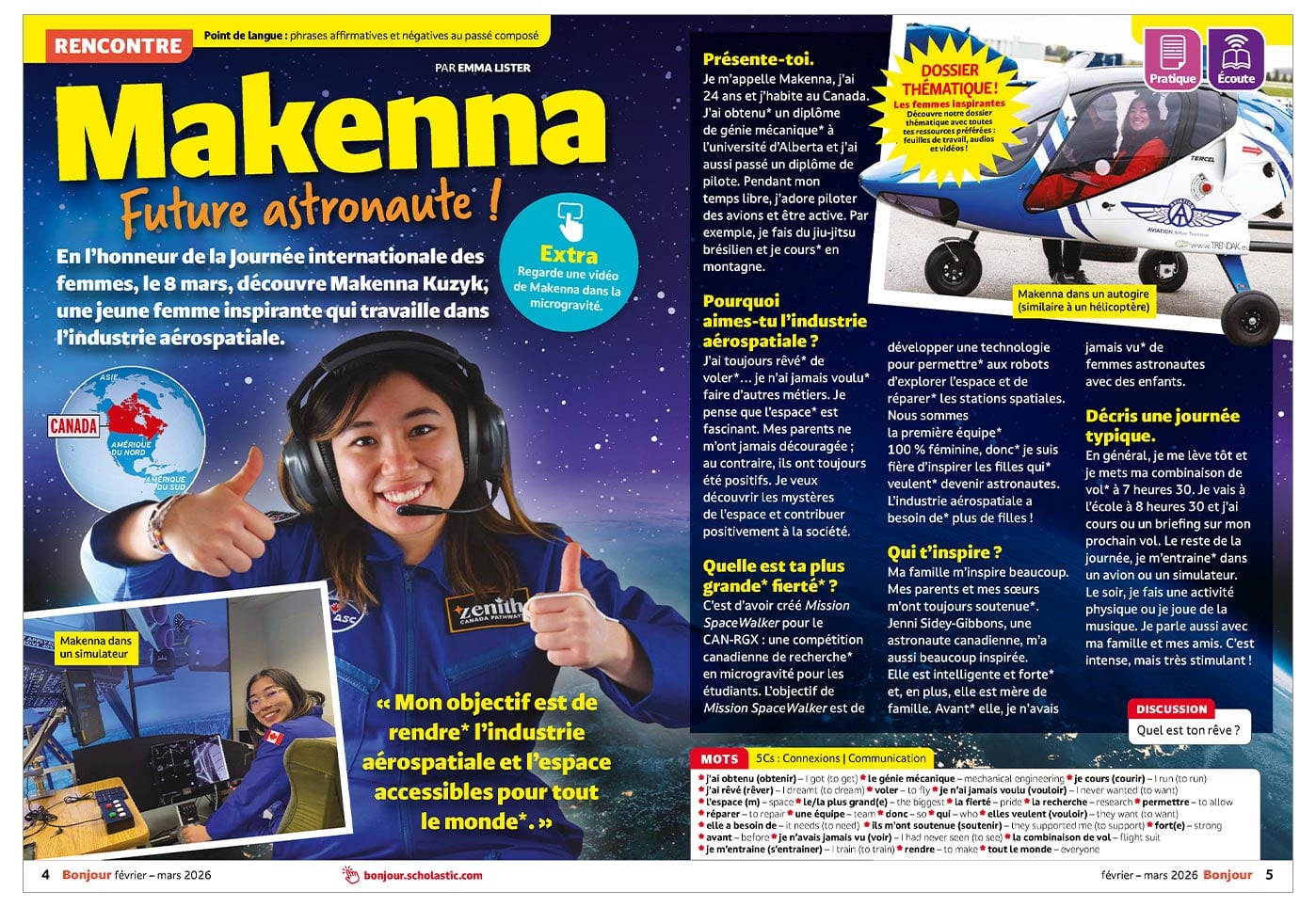 A magazine spread about Makenna Kuzyk, a young aspiring astronaut in the aerospace industry