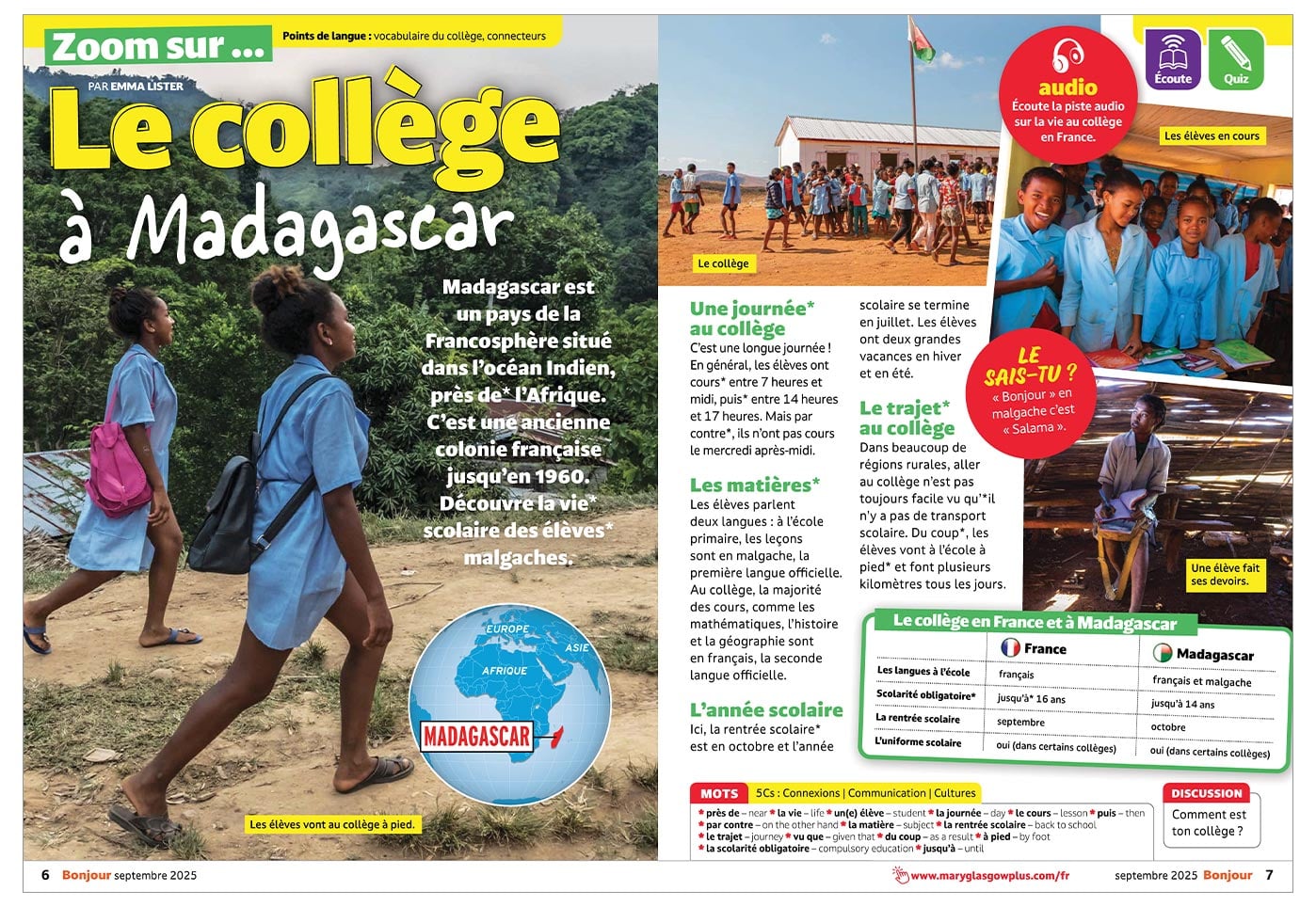 A French-language magazine spread about school life in Madagascar, with photos and a comparison chart