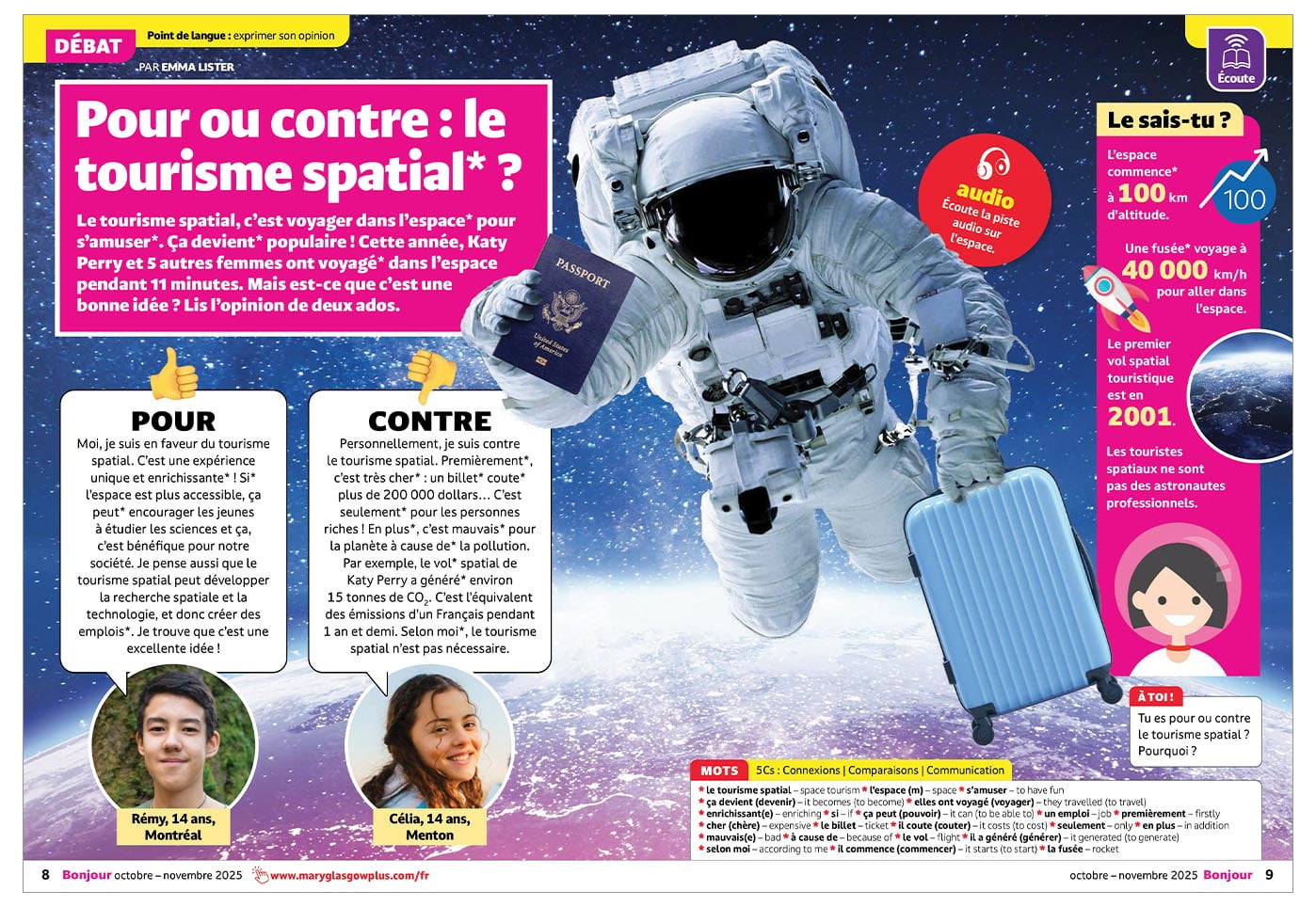 An astronaut holds a passport and a suitcase while floating above Earth in space