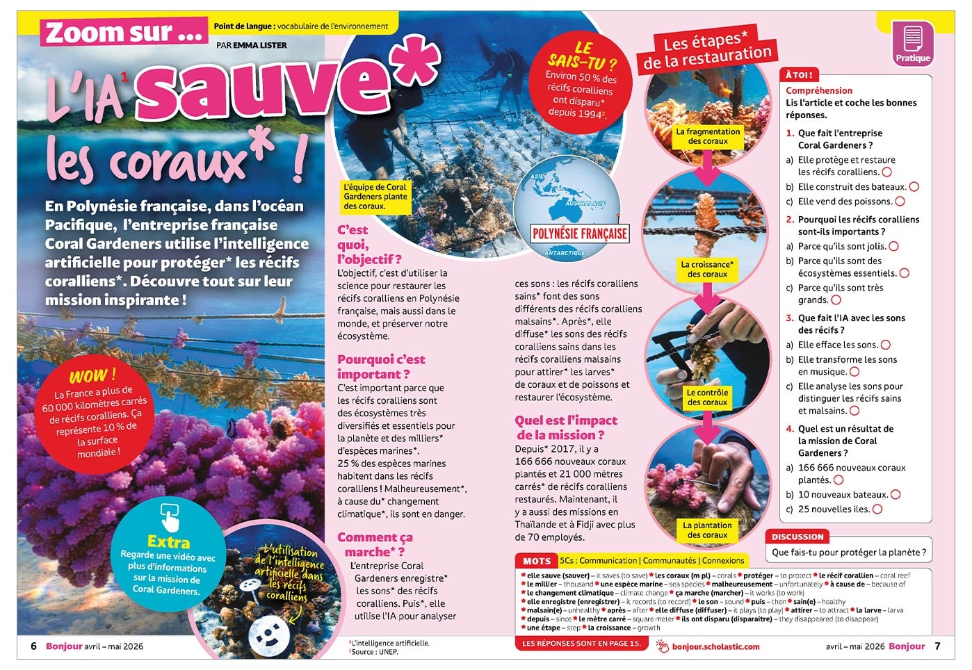 A French-language magazine spread about AI and coral reef restoration in French Polynesia
