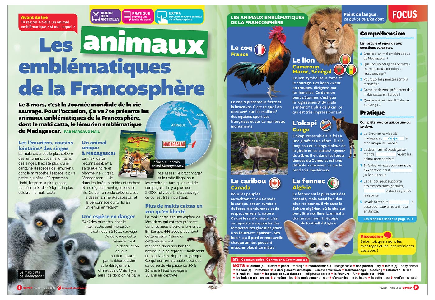 A French-language magazine spread about emblematic animals of the Francosphere