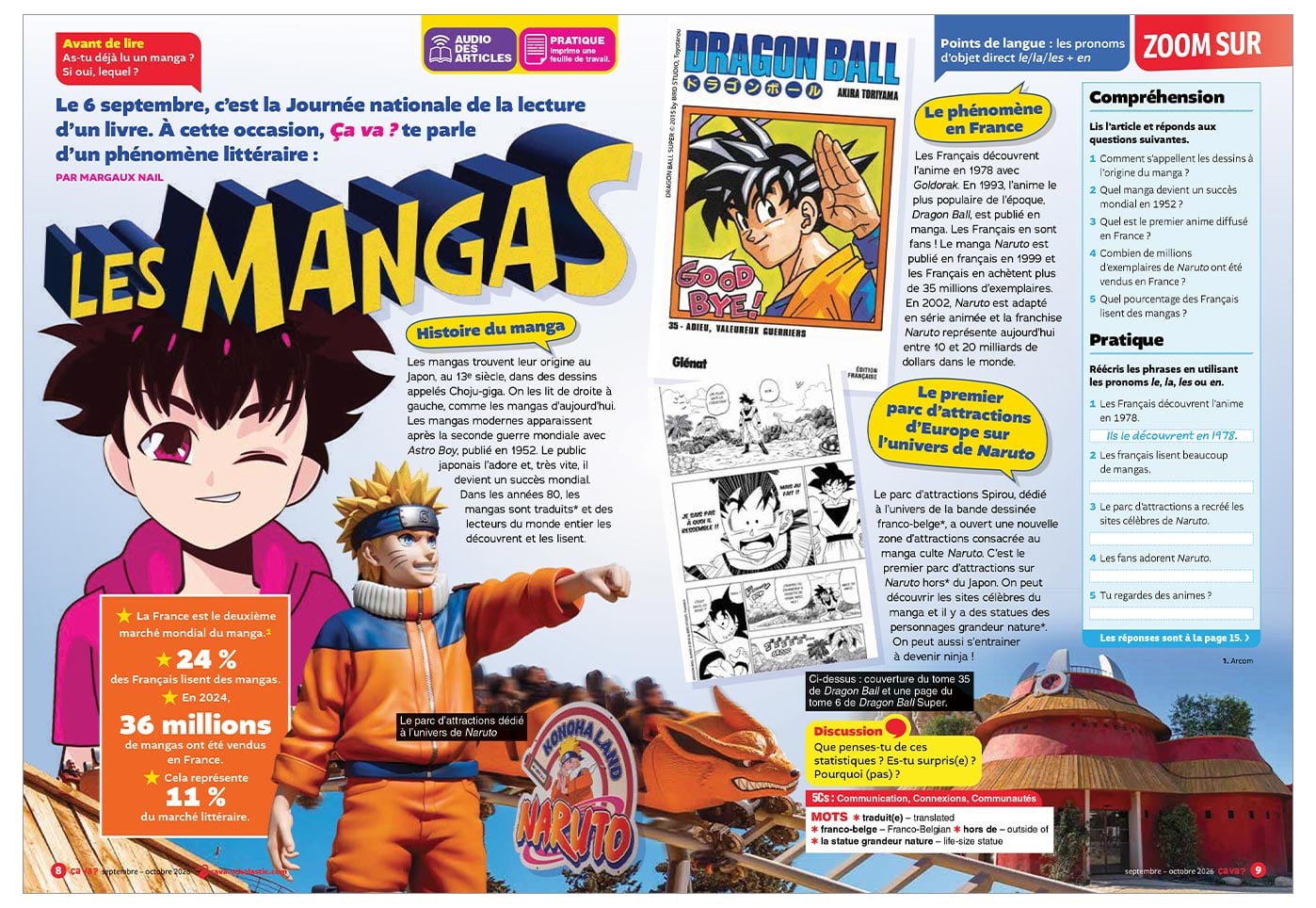 A French educational magazine spread about manga, featuring anime characters and a theme park