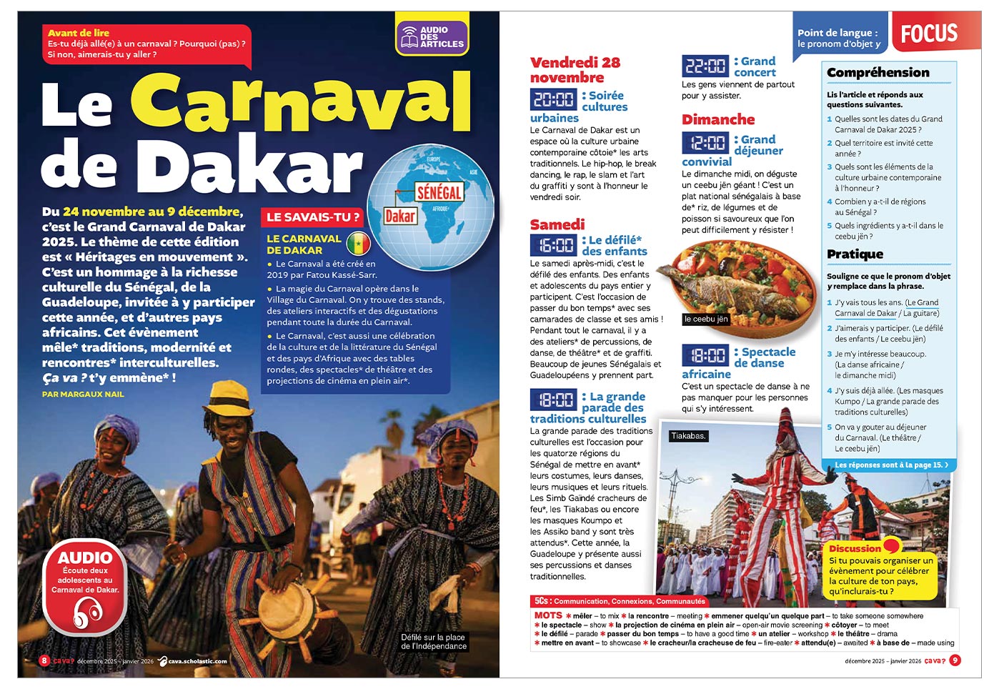 A French-language magazine spread about Le Carnaval de Dakar with text, a schedule, and photos of performers