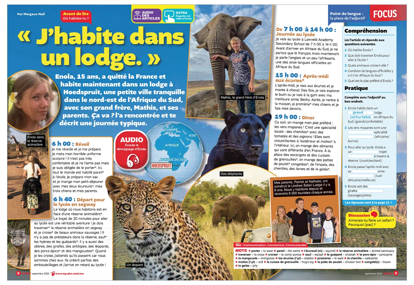 A French-language magazine spread about a girl named Enola who lives in a South African safari lodge, with photos of elephants and a leopard
