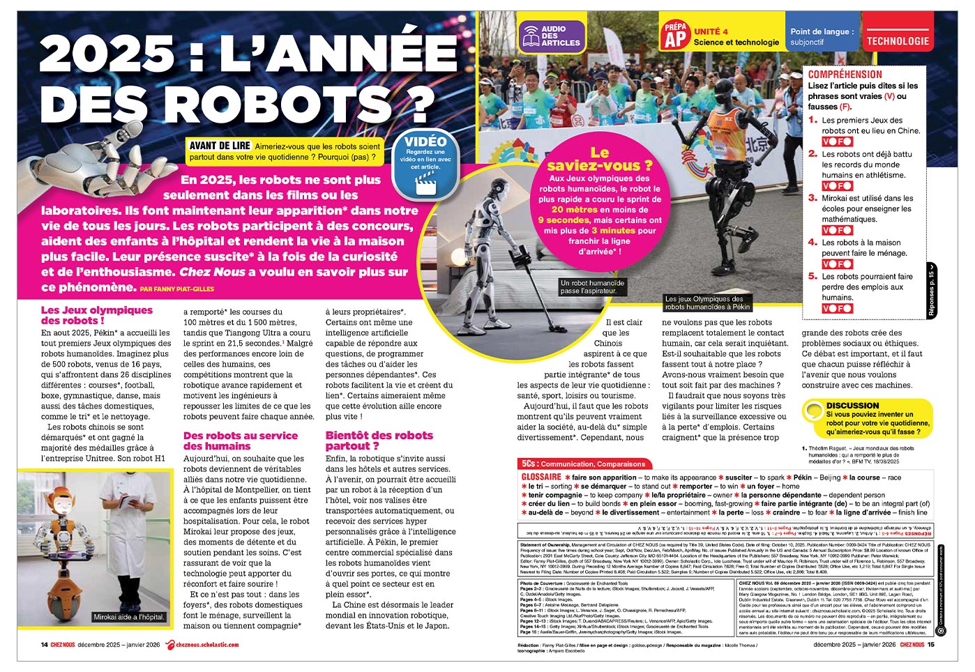 A French-language magazine spread about humanoid robots at the 2025 Olympic Games