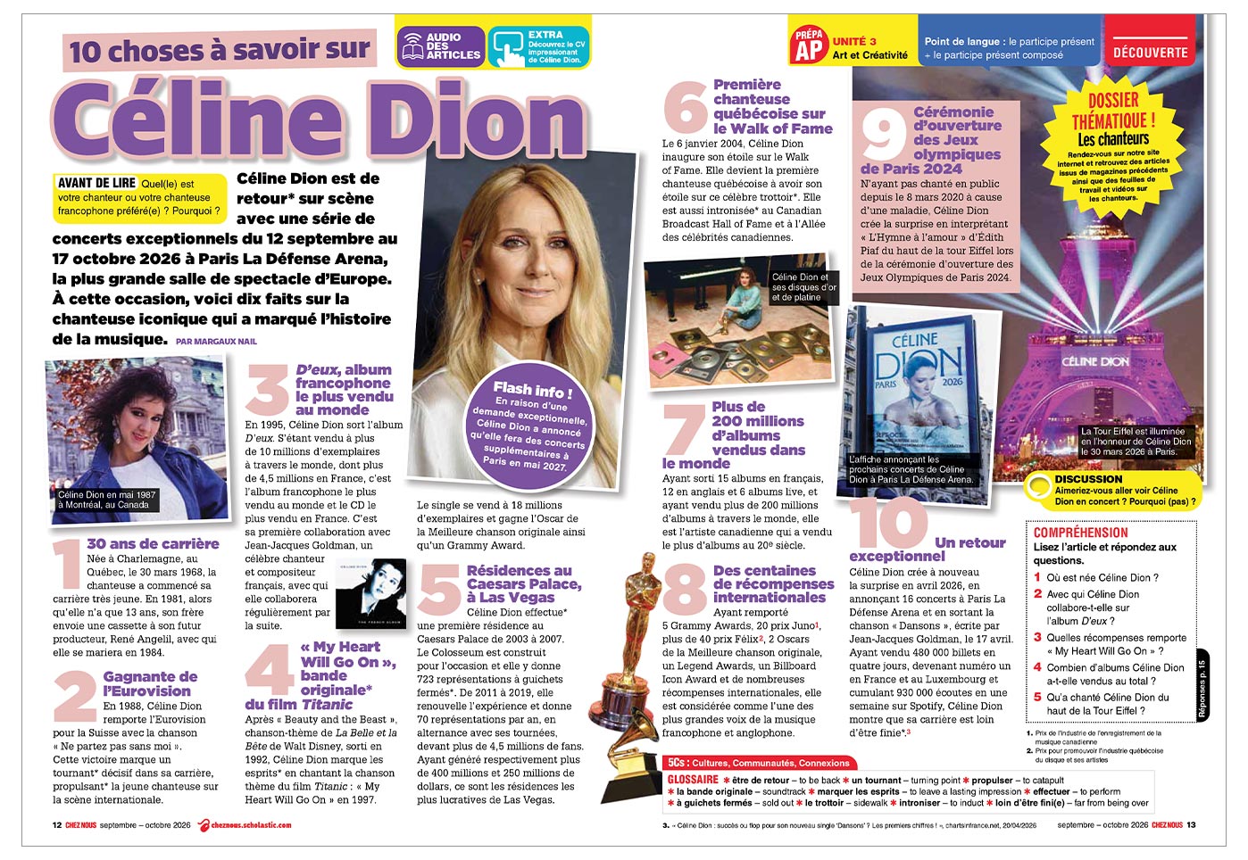 A magazine spread titled 10 choses à savoir sur Céline Dion with text, photos, and facts about her career