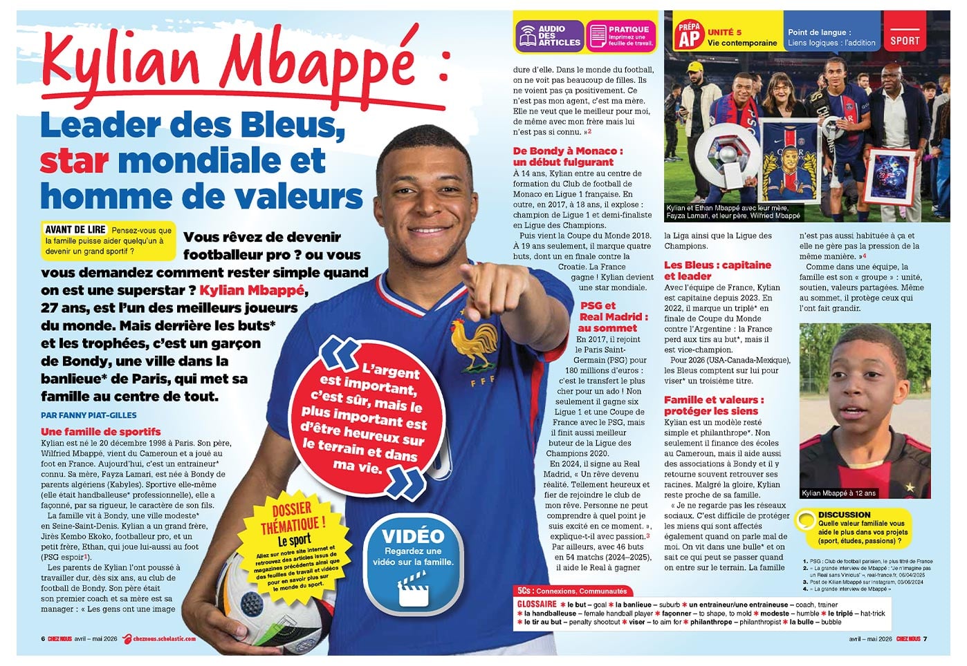 A magazine spread about Kylian Mbappé in a French soccer jersey points toward the camera