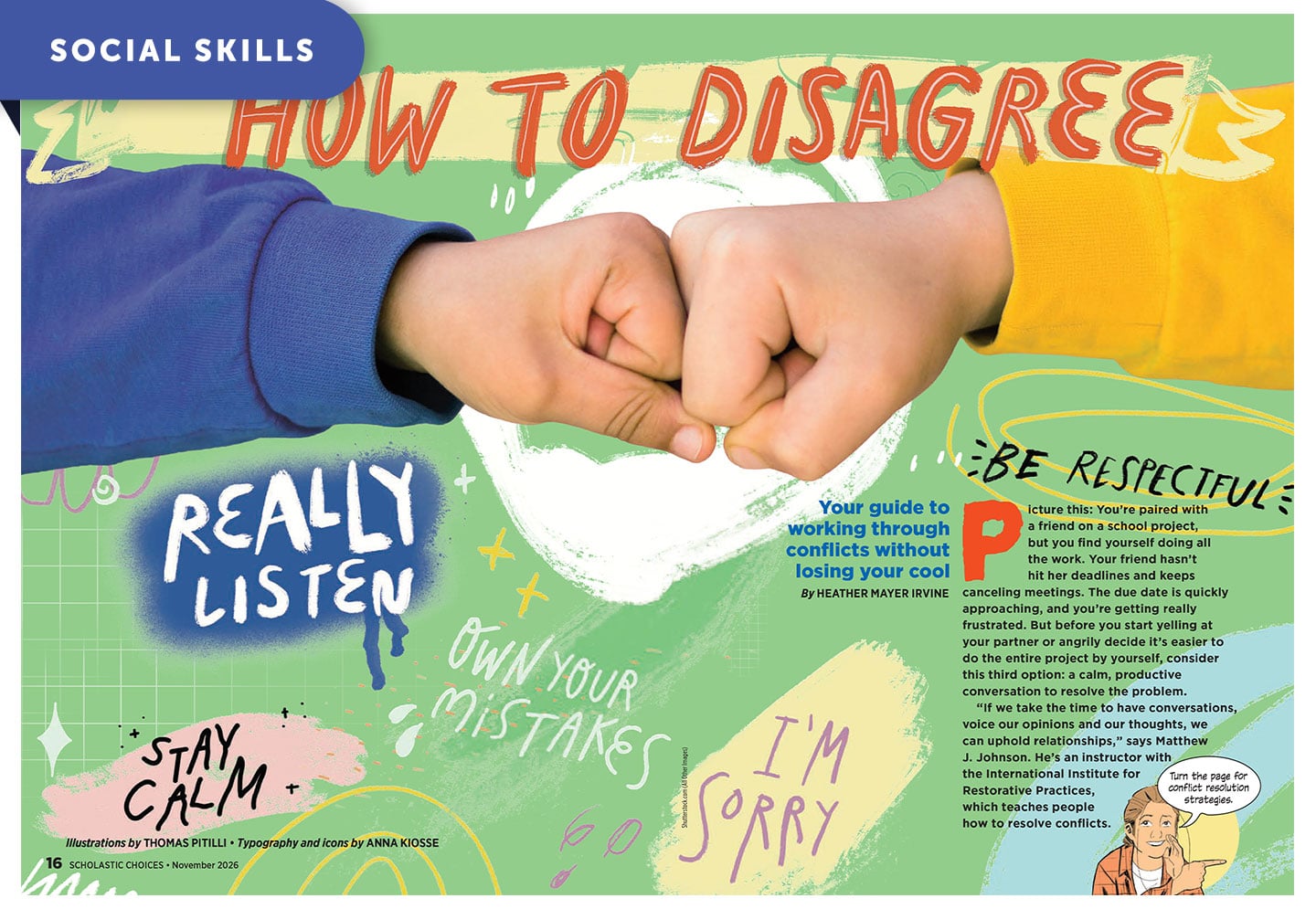 Composite image of 2 fists bumping beneath the headline How To Disagree with Stay Calm & I'm Sorry