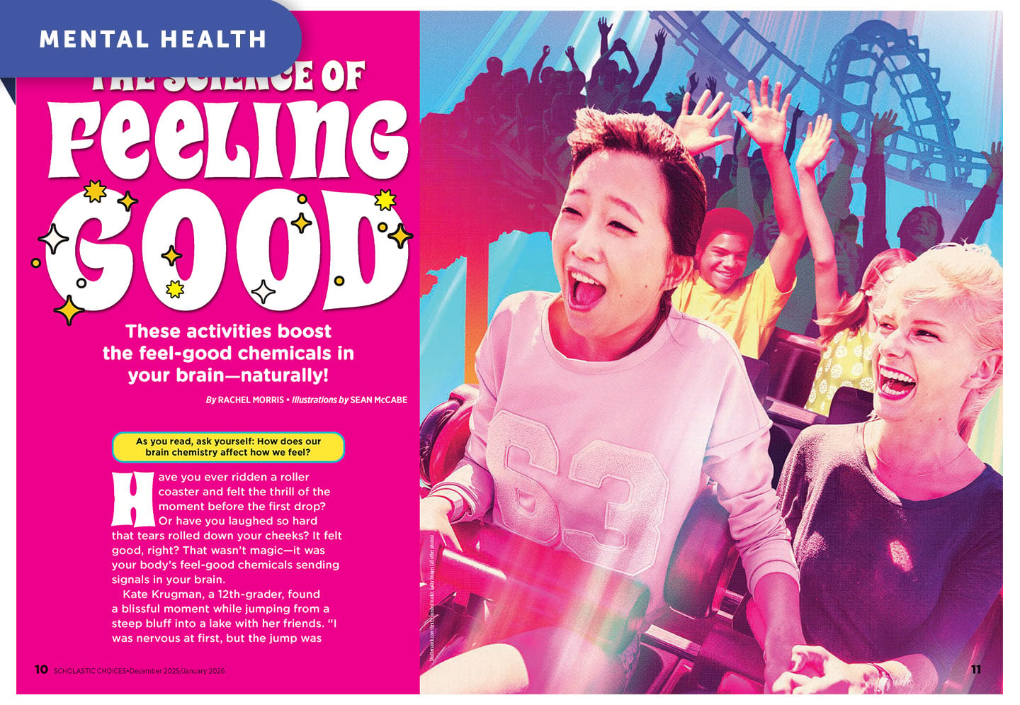 Riders scream with hands raised on a roller coaster beside the title The Science of Feeling Good