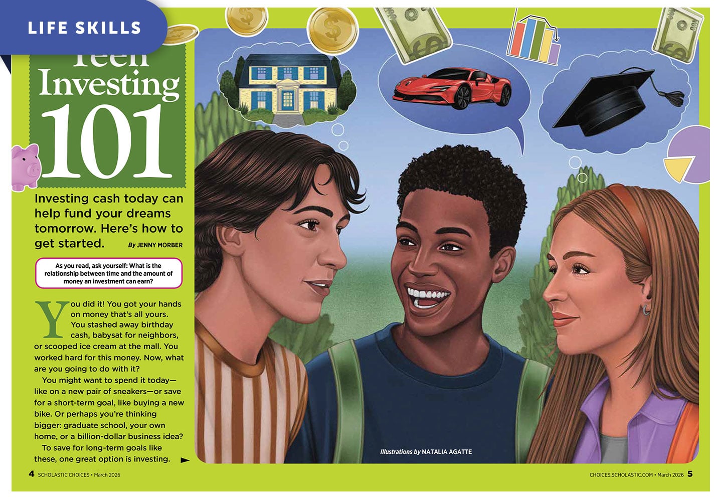 Three teens talk outdoors as a house, a red sports car, & a graduation cap float above their heads