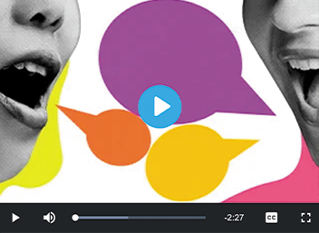Two open mouths face each other across purple, orange, & yellow shapes behind a play button