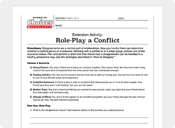 A worksheet headed Extension Activity: Role-Play a Conflict lists 5 conflict scenarios to act out
