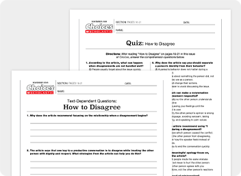Two overlapping worksheet pages read Quiz: How to Disagree & Text-Dependent Questions: How to Disagree
