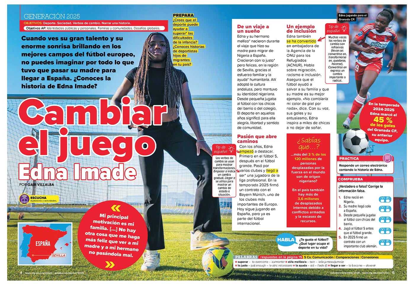 A magazine spread about soccer player Edna Imade, with text in Spanish and a photo of her on a field