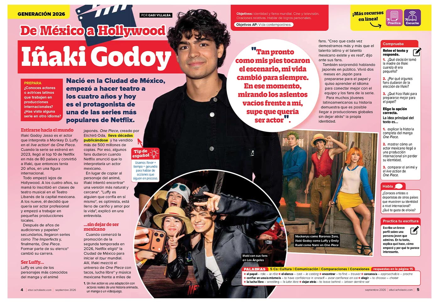 A magazine spread titled De México a Hollywood features actor Iñaki Godoy