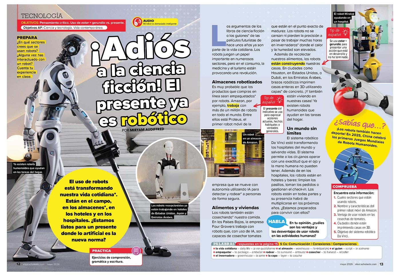 A magazine spread in Spanish about robots and their role in everyday life