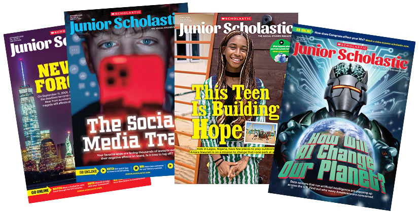 Collage of 4 Junior Scholastic covers, including This Teen Is Building Hope & The Social Media Trap
