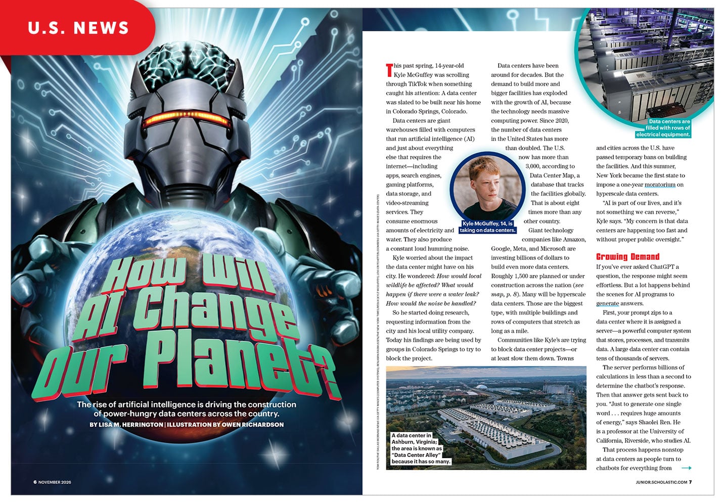 A robot with a glowing brain grips Earth beside the headline How Will AI Change Our Planet?