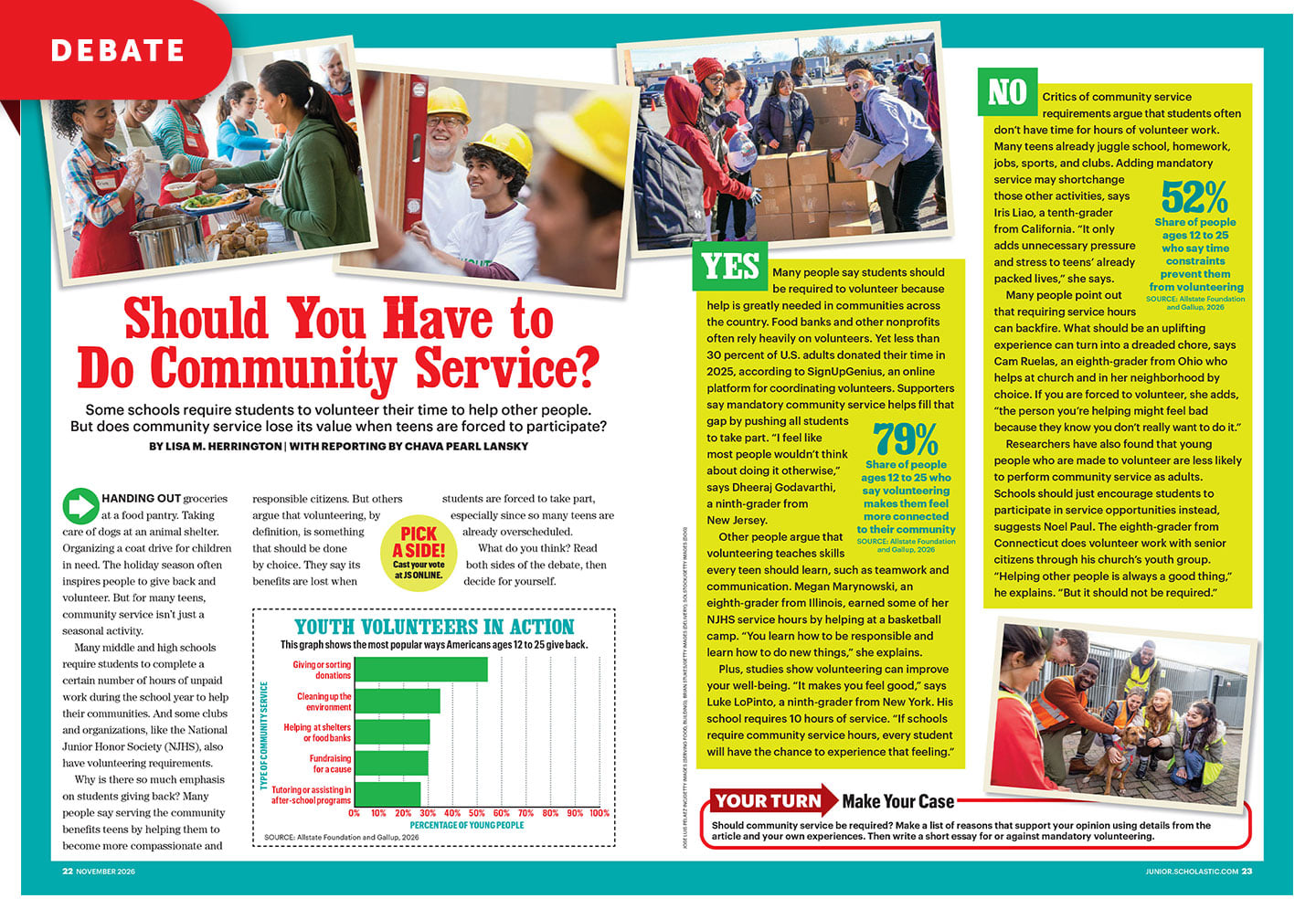 Collage of teen volunteers above the headline Should You Have to Do Community Service?