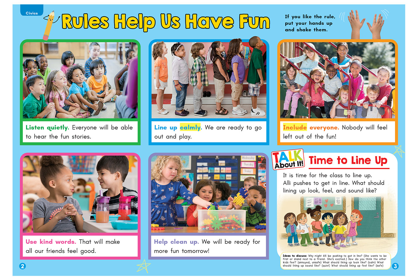 A civics page titled Rules Help Us Fun shows children listening, lining up, playing, talking, and cleaning up together