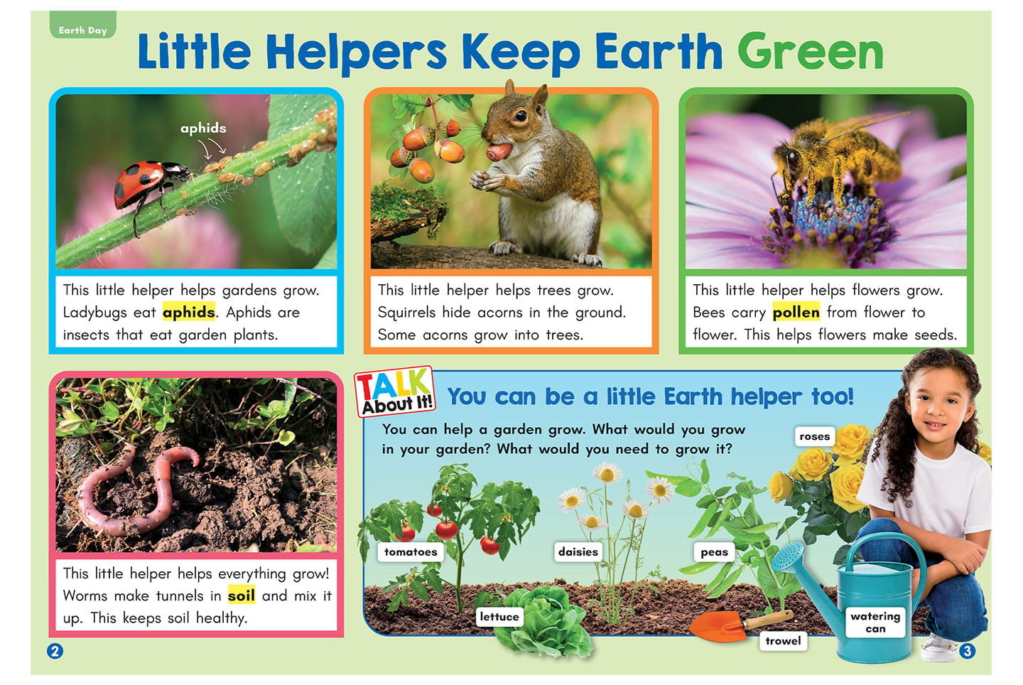 An educational spread titled Little Helpers Keep Earth Green shows animals, insects, and garden plants with labels