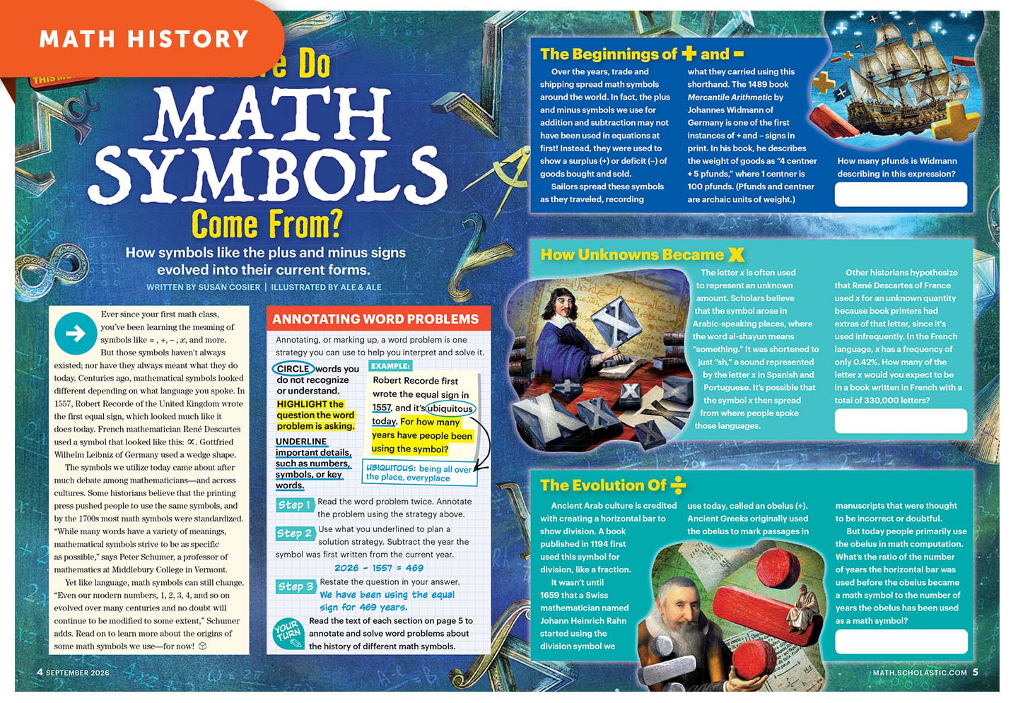 A magazine spread titled Math History explores the origins of math symbols