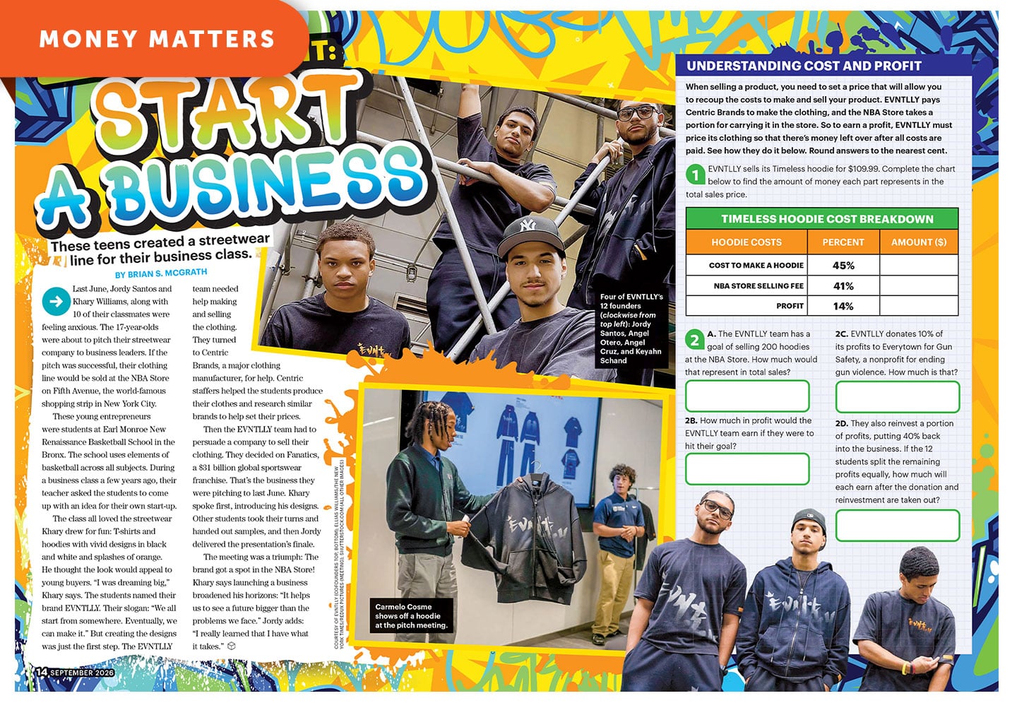 A magazine spread titled Start a Business features teen founders of the streetwear brand EVNTLLY