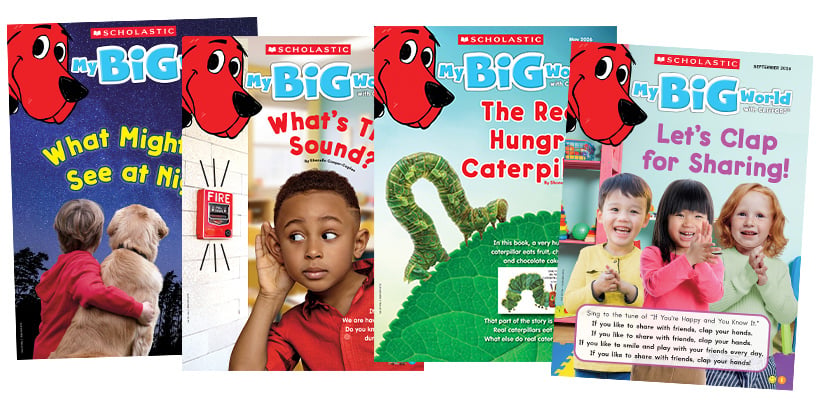 Four covers of Scholastic My Big World magazine with Clifford the Big Red Dog
