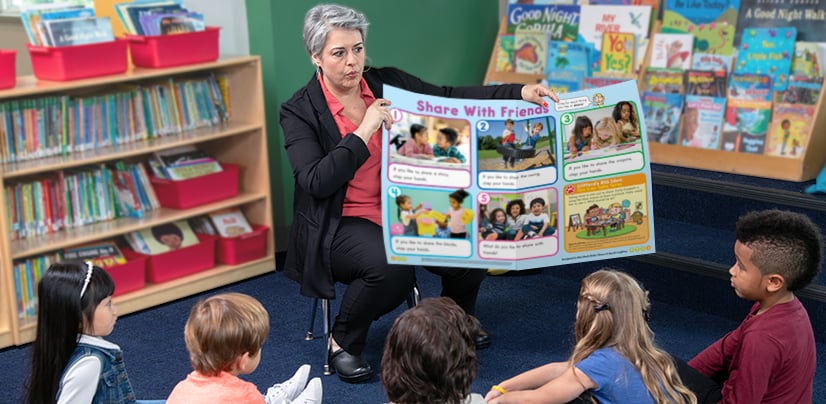 A woman holds up a Share With Friends poster for a group of young children seated on a classroom floor