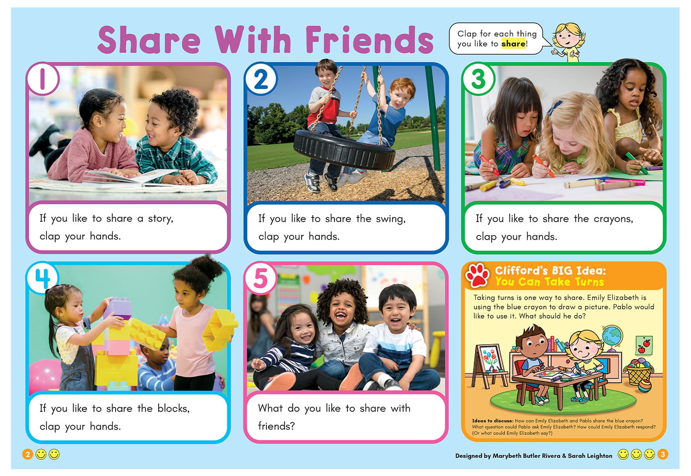 A collage about sharing with friends shows children read, swing, draw, build, and play together